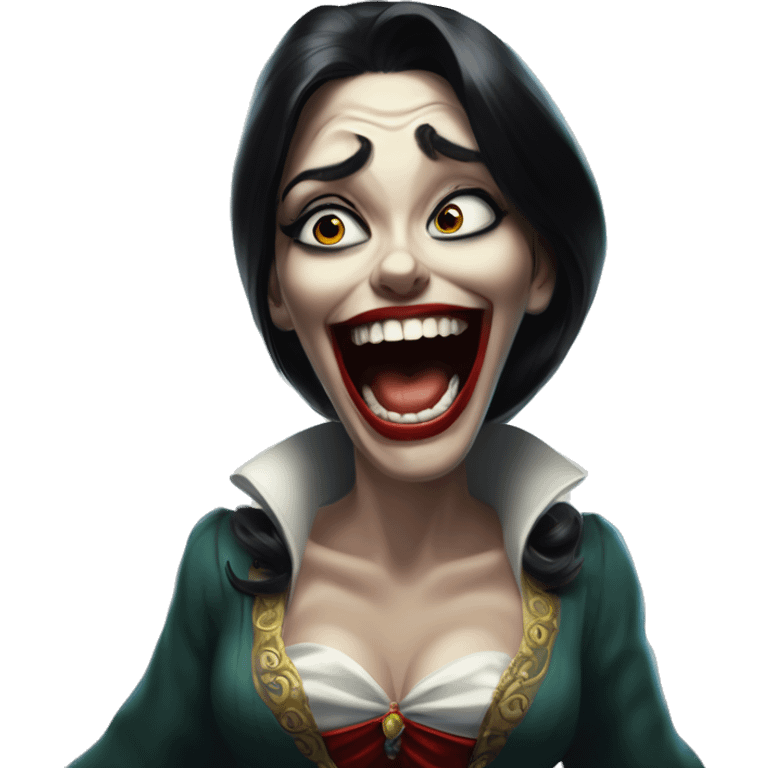 Laughing Jasmine vampire lunatic in Uncle Scrooge style, oil paint, mysterious eyes, intricate lips, masterpiece pose, odd perspective, beautiful, desirable, logical emoji