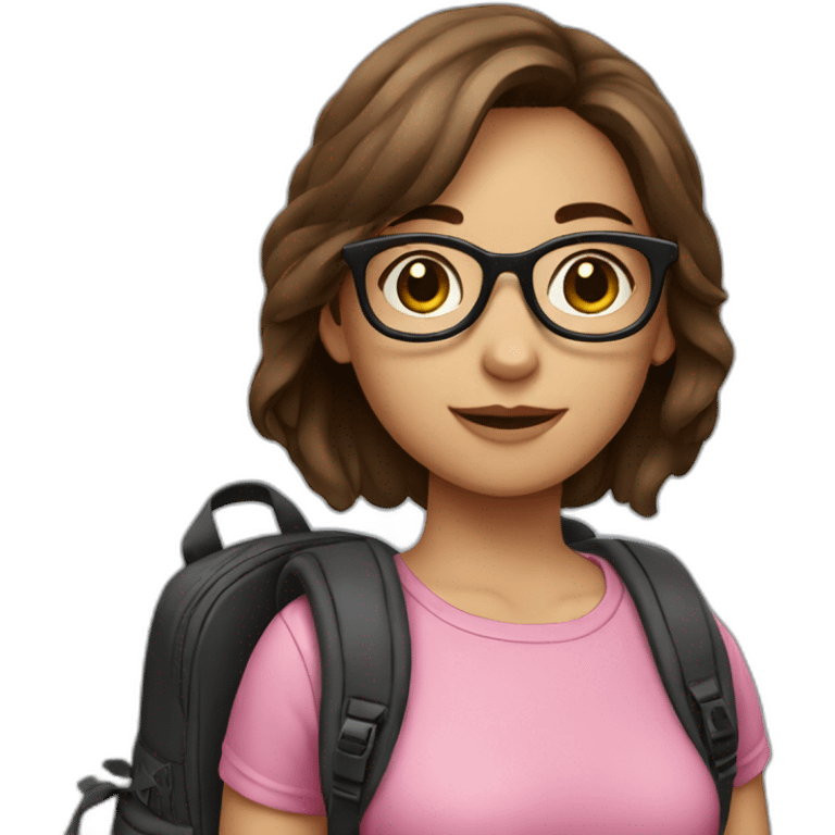 a girl with brown hair, wearing black-rimmed glasses, with a backpack, in a pink top emoji