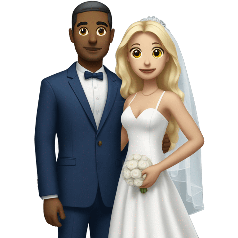 Puerto rican beard short hair with blue hat and navy blue suit getting Married with blond long hair girl with white  wedding dress  emoji