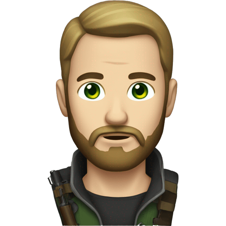 man with beard and short hair green eyes bandit gun emoji