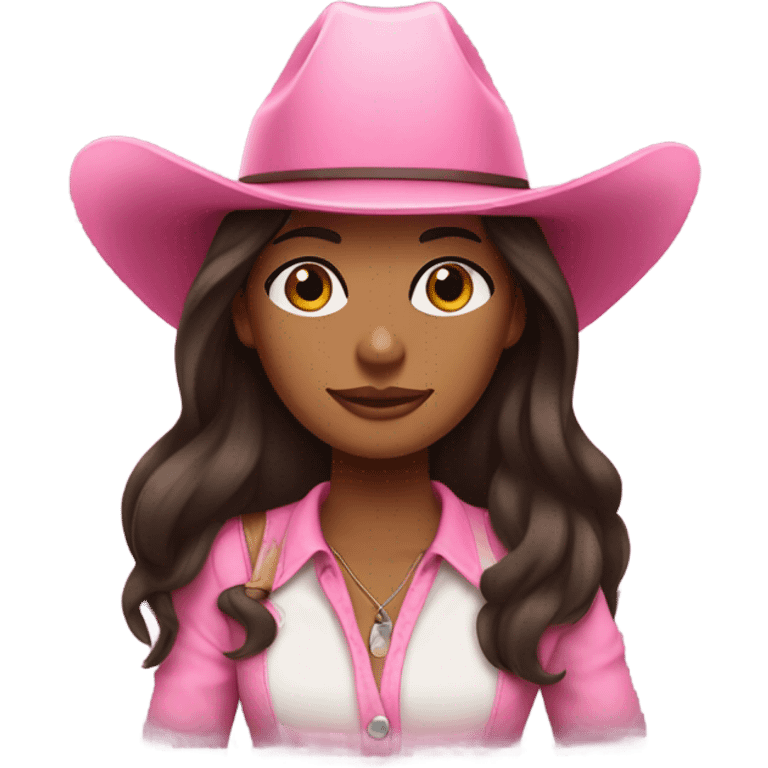 Brown girl with very long darn brown hair wearing a pink cowgirl hat emoji