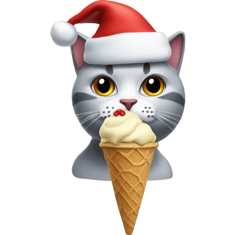 Cat eating ice cream wearing a Santa hat emoji