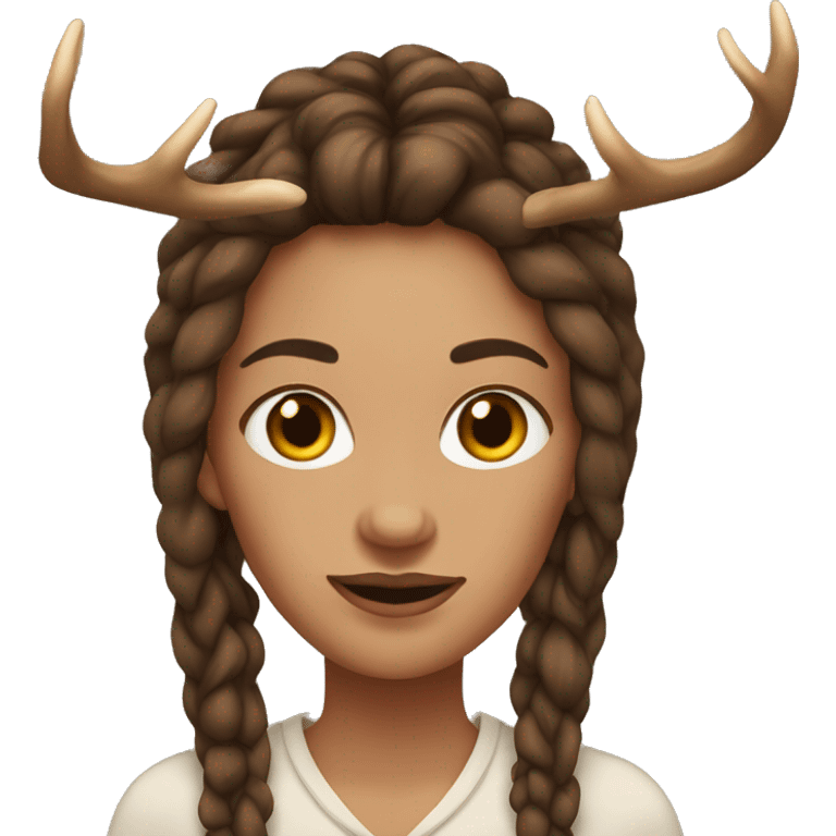 Portrait. Woman has deer antlers, Long brown dreadlocks. Her skin-tone is pale emoji