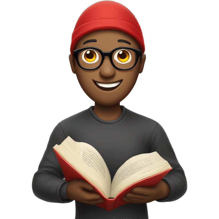 Happy, egg shaped person wering rounded black color glasses and wearing  red cap and reading bok emoji