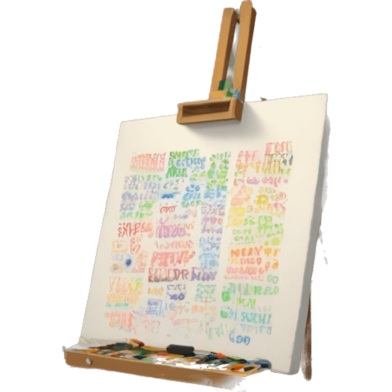 an image of an artist’s studio, complete with an easel, a palette filled with colorful words, and a half-finished painting that includes some sentences scattered across the canvas emoji