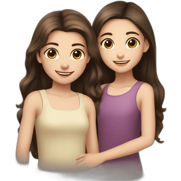 pale tween girl with brown hair and brown eyes and long eyelashes standing with her arm around another pale girl with dark shoulder length hair and dark brown eyes both girls smiling emoji