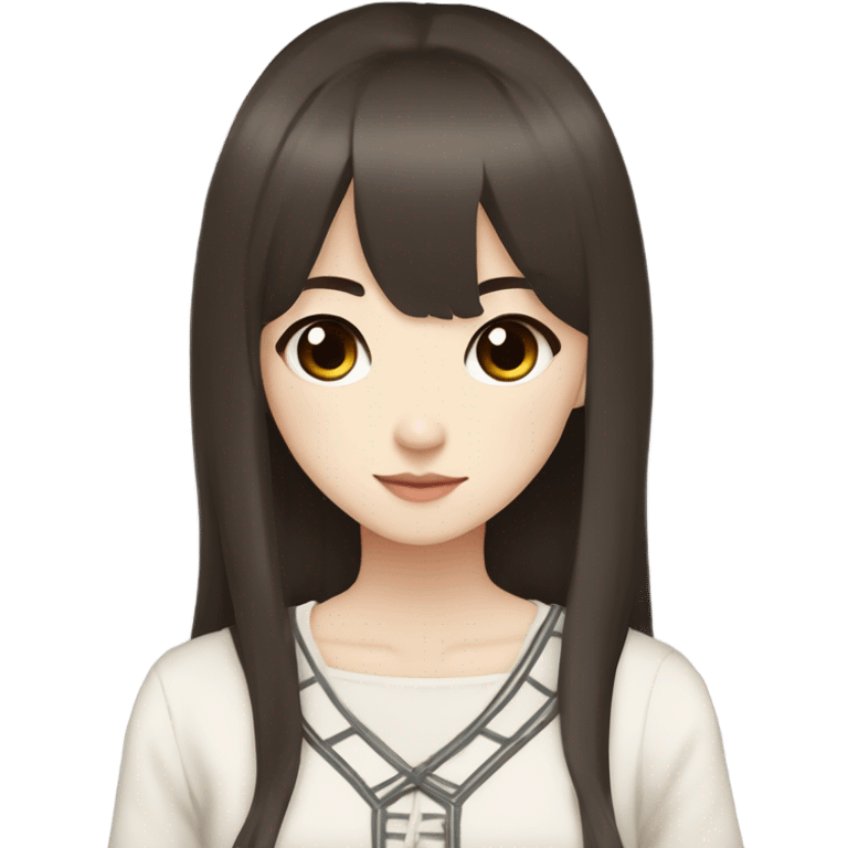 Asian girl dark brown long hair hime cut bangs brown eyes cute appearance pale skin long hair white laced top  emoji