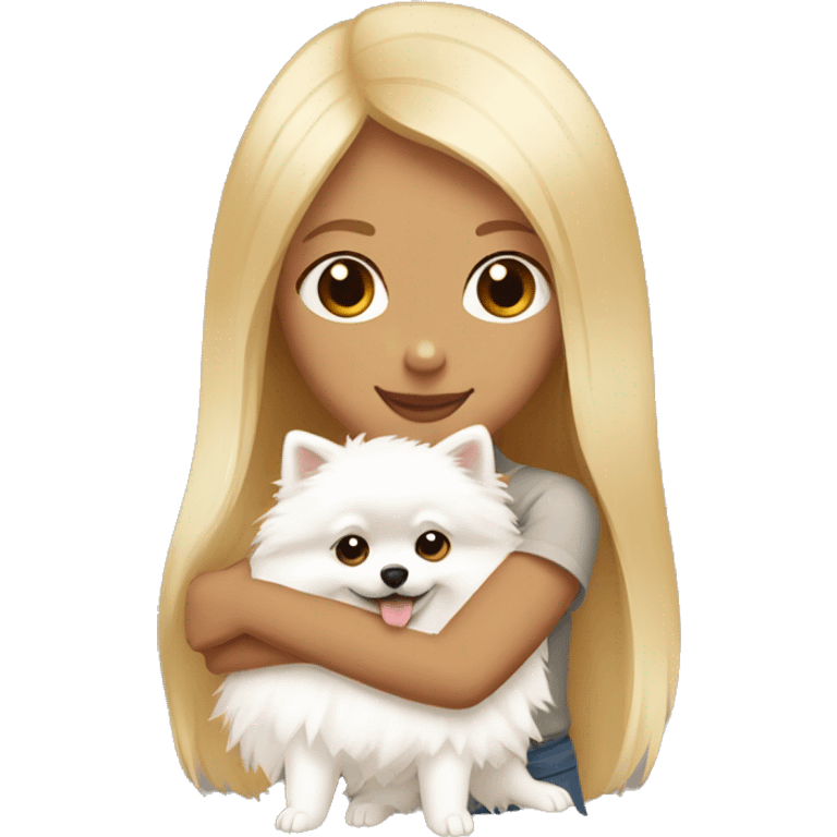 Blond girl hugging white Pomeranian and brown Pomeranian  emoji