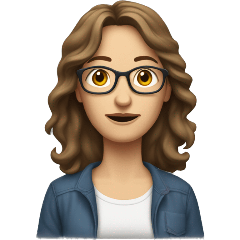 A middle-aged European woman, thin, with long, wavy brown hair. The woman has jeans and a loose T-shirt. She wears dark sneakers. emoji