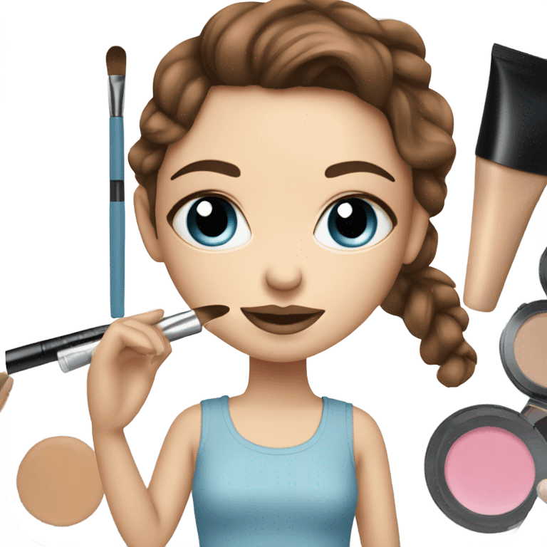 White girl blue eyes brown hair doing her makeup By makeup kit emoji