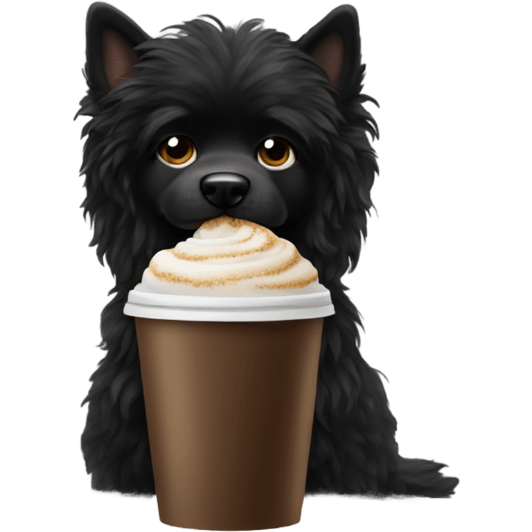 Black fluffy dog drinking Starbucks  emoji