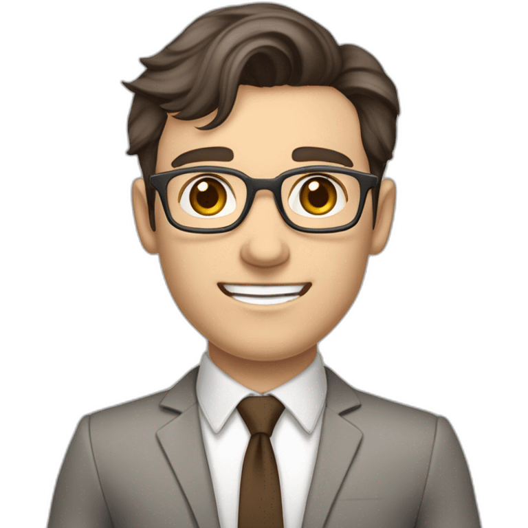 Pale skinned fit man with dark brown hair in gray jacket, beige office shirt, brown tie, brown pants and vintage glasses Writing on the flipchart emoji