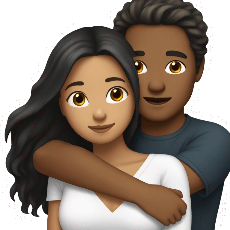 tan skin, Black long hair girl hugging with a white man with brown hair on top emoji