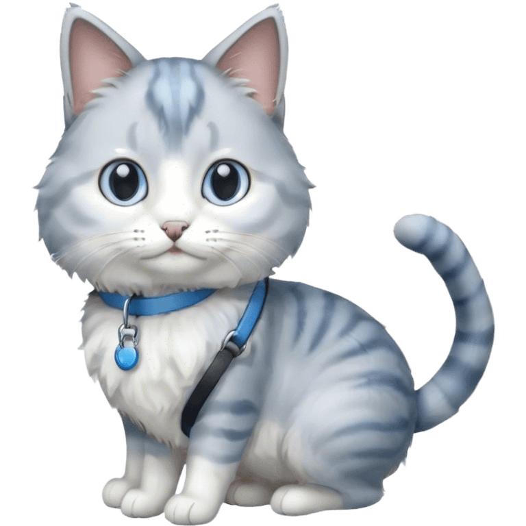 gray and white cat on a blue leash emoji