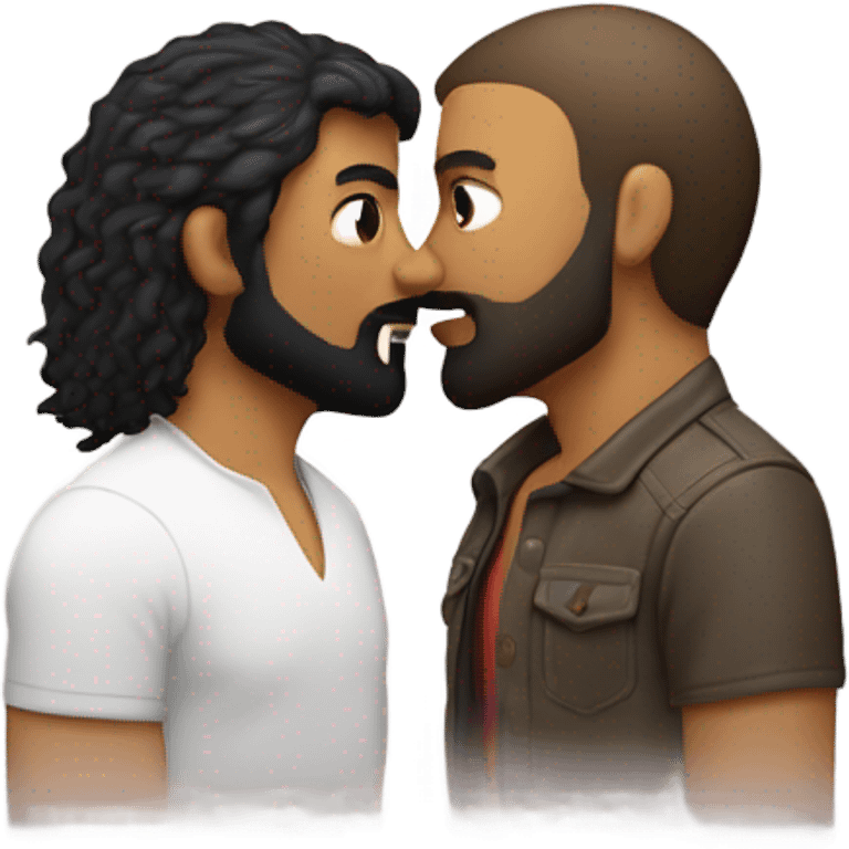 Gay couple, one white with black beard and mullet hair other brownish sking, they are kissing emoji