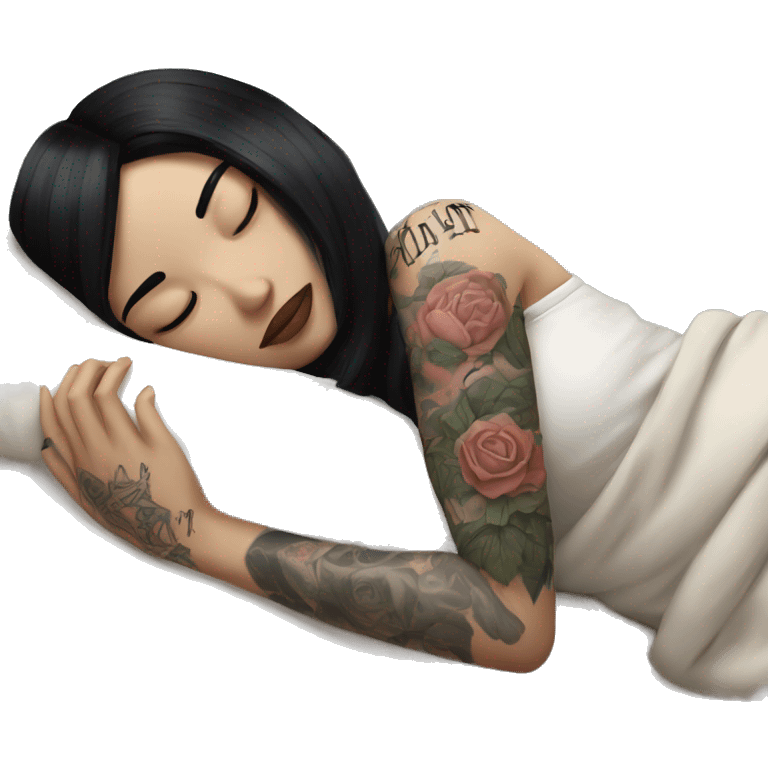 pale girl with black hair and tattoos on her arms sleeping emoji