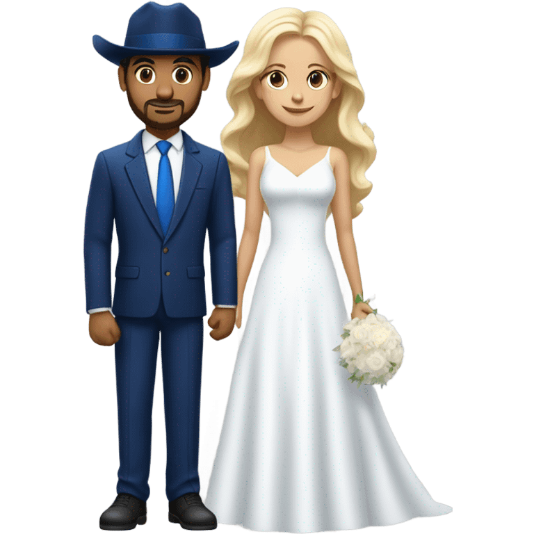 Puerto rican beard short hair with blue hat and navy blue suit getting Married with blond long hair girl with white  wedding dress  emoji