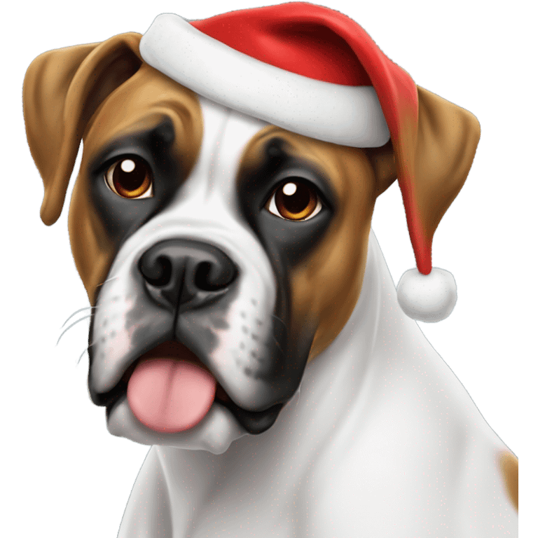 White Boxer dog wearing Santa hat emoji