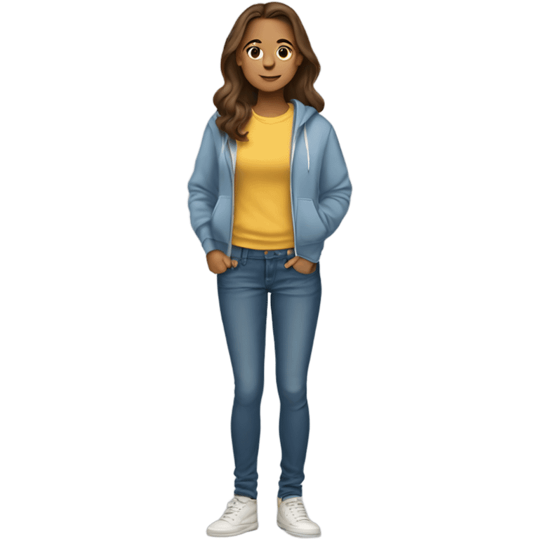 girl with brown hair, brown eyes in full growth in a sweatshirt and jeans emoji