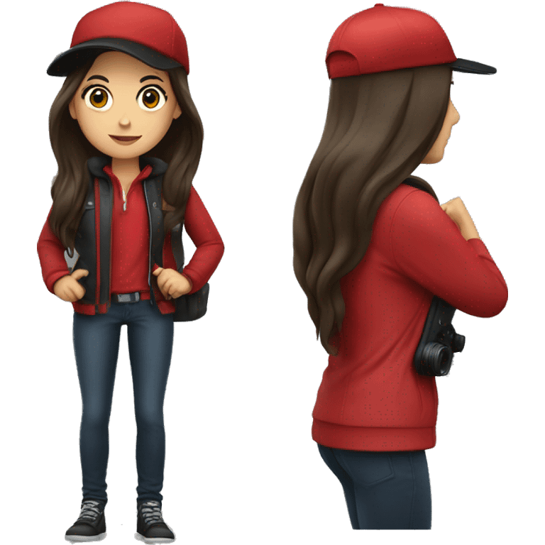 Brunette with long hair in a black cap and a red jacket with a camera emoji