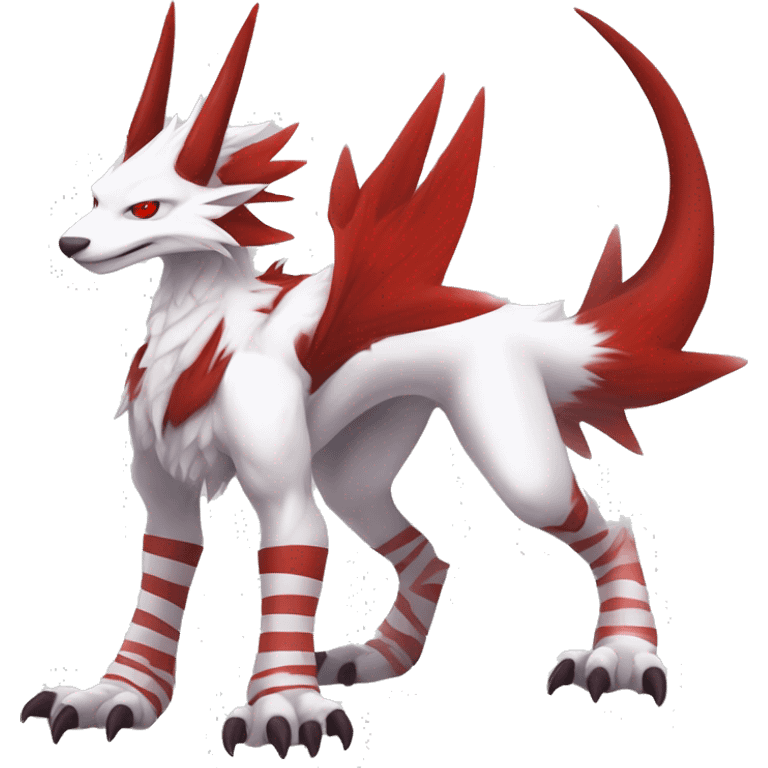 White edgy cute badass epic anthro modern albino sergal-vernid-Fakémon with red mane and red eyes, red stripes, red horns,  full body emoji