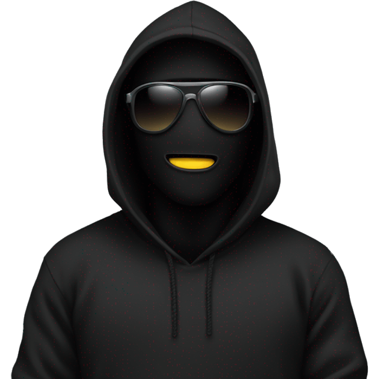 guy wearing black hoodie with black storm mask, blac sunglasses  emoji