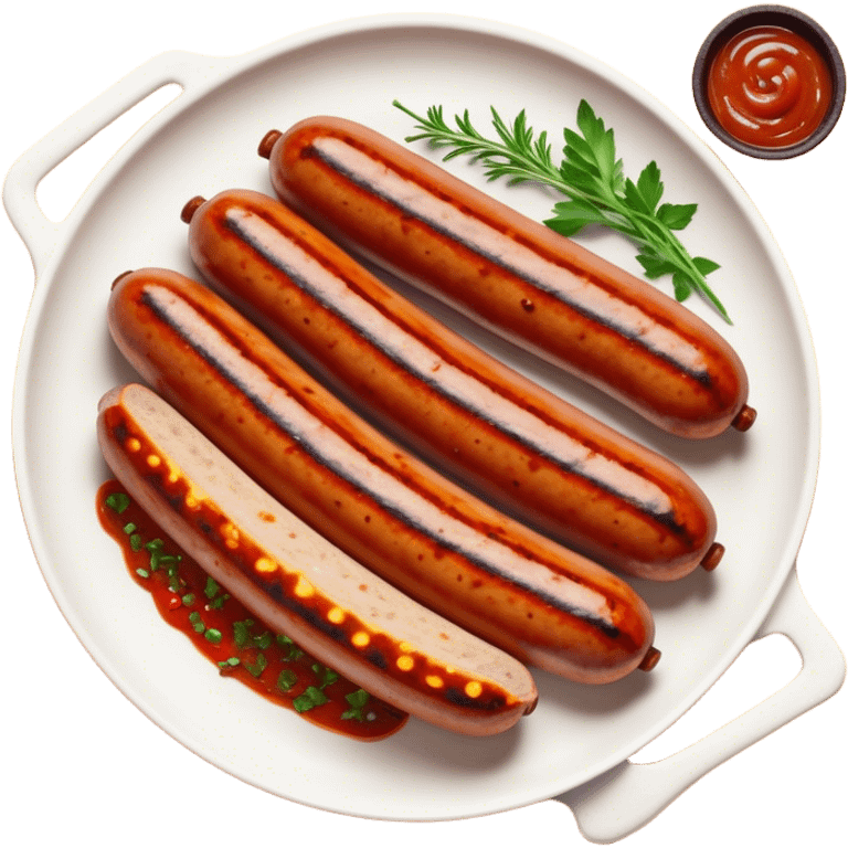 Cinematic spicy chipotle sausage, glistening with smoky, tangy sauce, charred and grilled to perfection, sliced open to reveal juicy filling, served with fresh herbs, rich and flavorful, detailed and appetizing. emoji