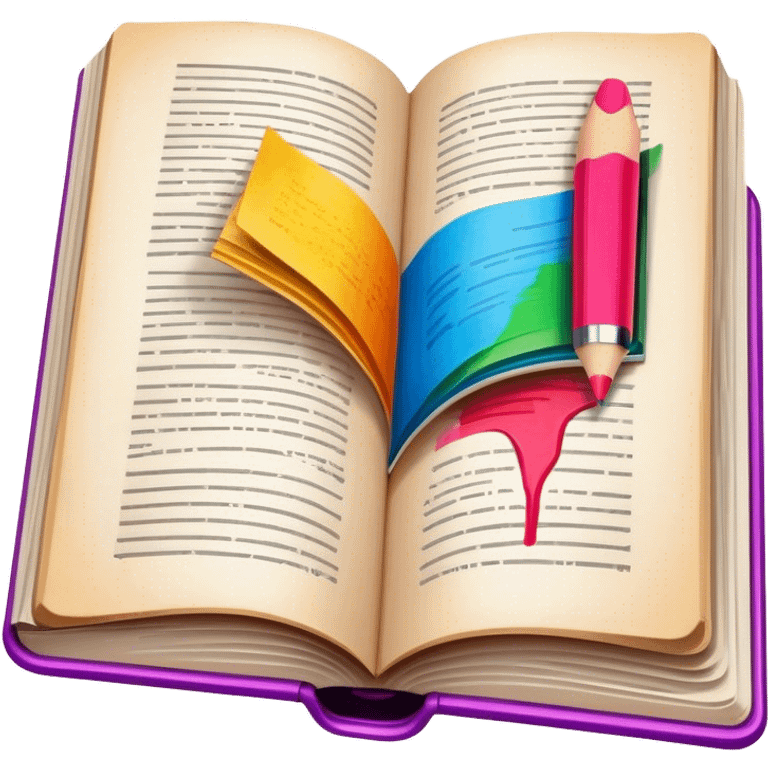 Colorful illustration icon, half-drawn scene in an open book, marker strokes, vivid colors, minimalistic design, book pages with partially completed artwork, transparent background. emoji