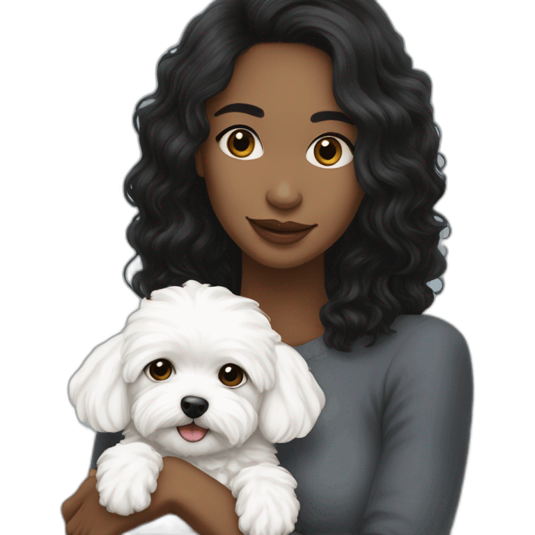 a long-blackish-haired woman hugging white maltipoo emoji