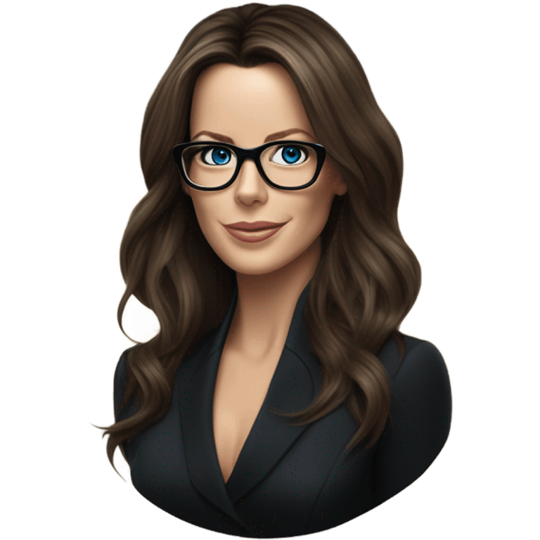 Hyper Realistic photo Kate Beckinsale blue eyes wearing glasses in a business meeting black dress emoji