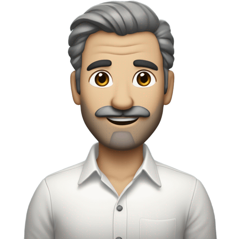 side a white man with blue eyes a thick dark brown and grey moustache, down turned black eyebrows and then dark grey hair he’s wearing an expensive watch and a white shirt and black dressy pants with beige loafers he’s looking at her smiling”  emoji