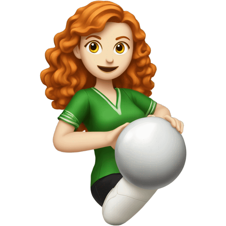 Irish, red-headed, female dancer bowling, in a standing, slightly bent over stance holding a bowling ball appropriate in size to their size emoji