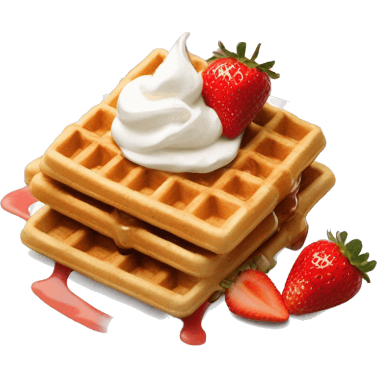 square waffle with dollop of whipped cream and strawberries on top emoji