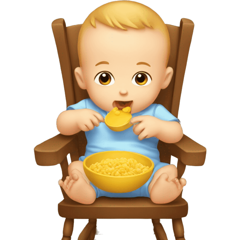 A baby eat his first food in the chair for kids  emoji