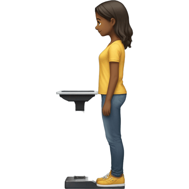 Side view of a girl standing on a scale, looking down, wearing casual clothes emoji