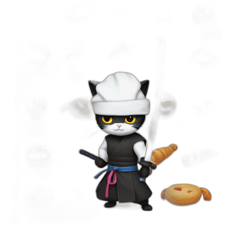 Ninja cat cuts pastry with  katana emoji