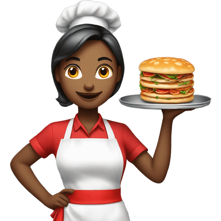 beautiful waitress in a red apron with a tray with food in a hand emoji