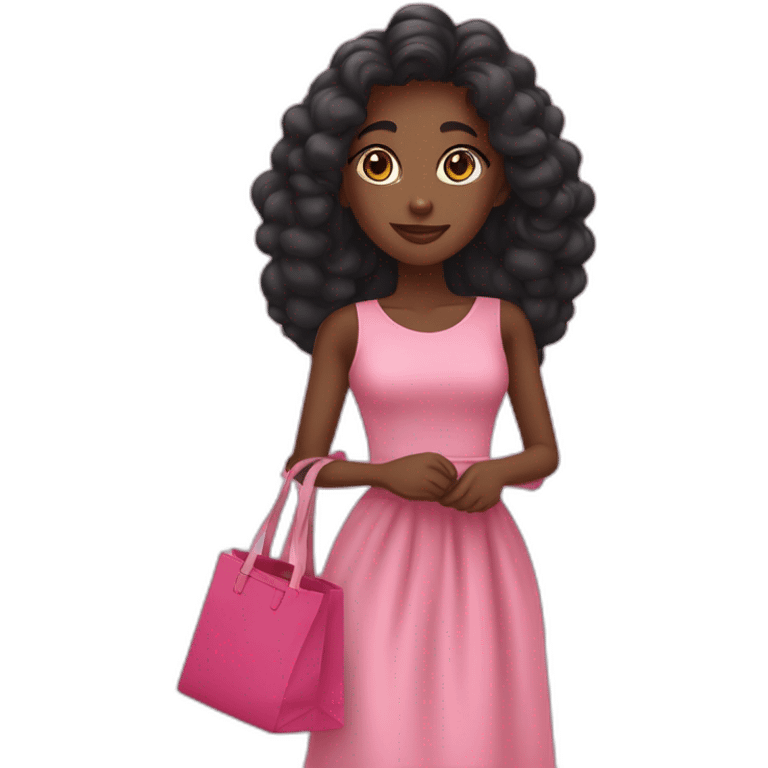 Jeune femme noire en robe rose avec plein de sacs emoji