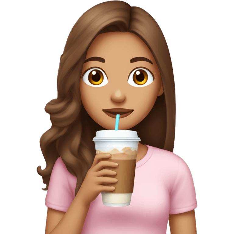 girl drinking an iced coffee with long brown hair half up half down and baby pink top emoji