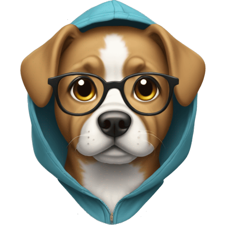 Dog wearing hoodie jacket with eyeglasses emoji