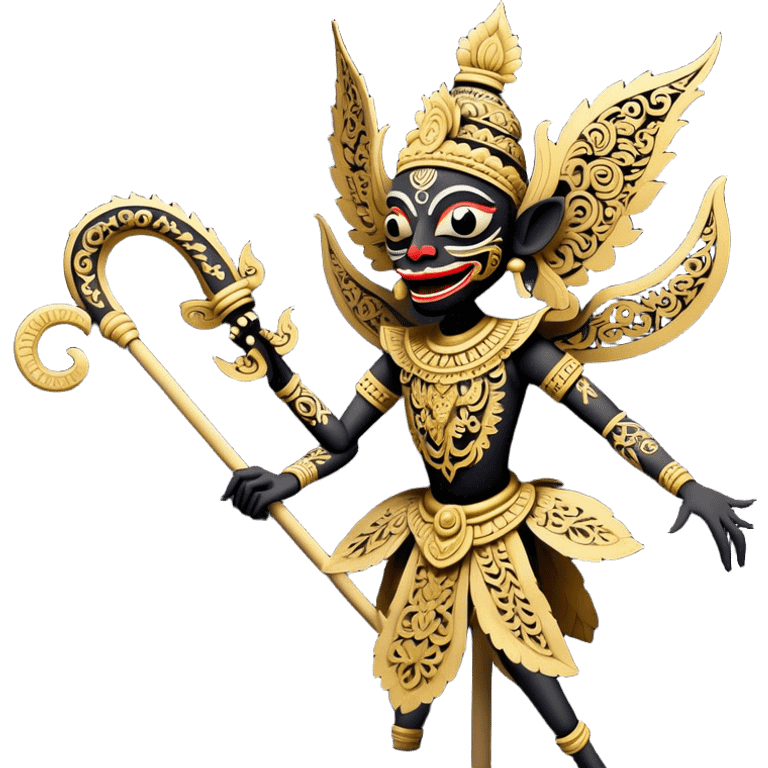 Wayang – Cinematic Realistic Wayang, depicted as intricately carved traditional Indonesian shadow puppets with expressive features and vibrant cultural motifs, set against a dark, dramatic backdrop with subtle glowing highlights that evoke the mystical art of shadow play. emoji