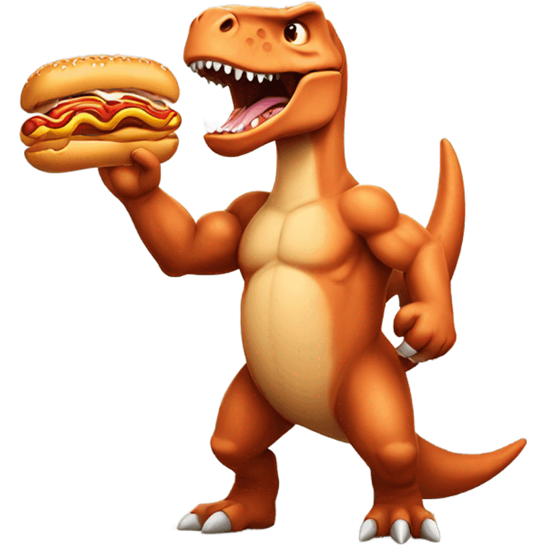 Dinosaur with a hotdog and large muscles emoji