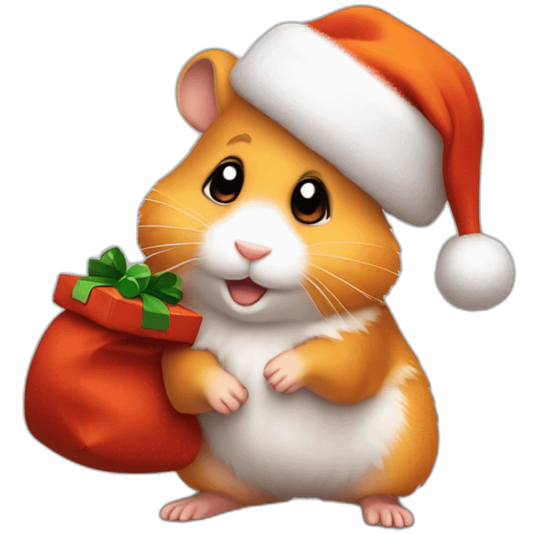 A joyful (((Orange Hamster))) dressed as ((Santa Claus)), with a warm expression and and a sack of gifts with a christmas hat, pixelart emoji