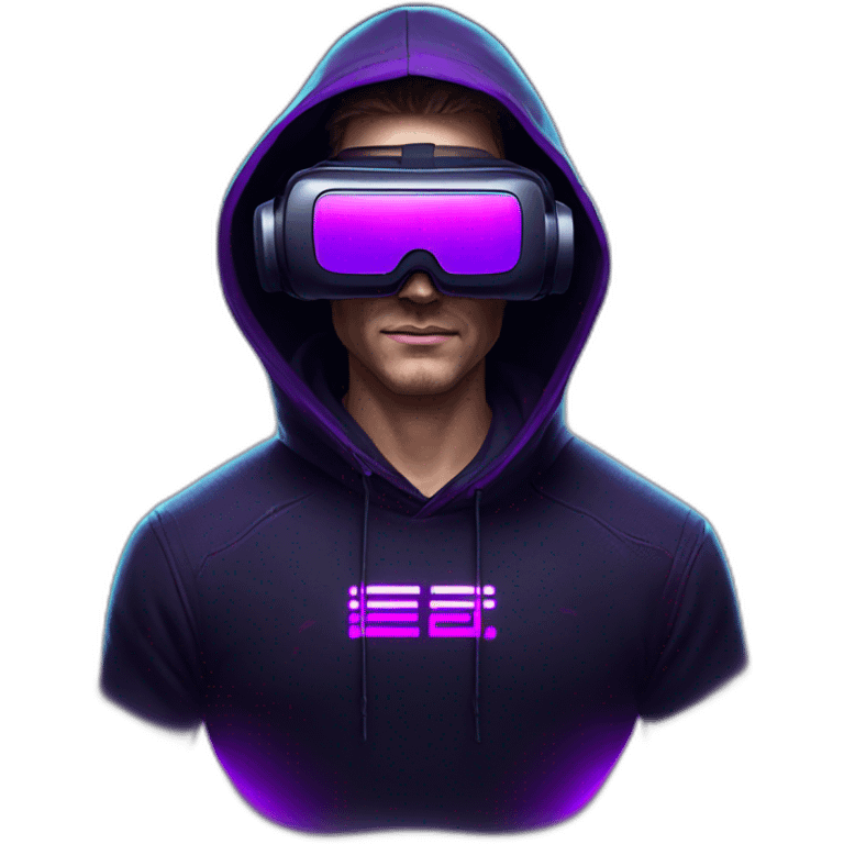 Russian man in the black hoody with violet letters "OMG VR" on it wearing vr headset. Cyberpunk style. Violet neon. emoji