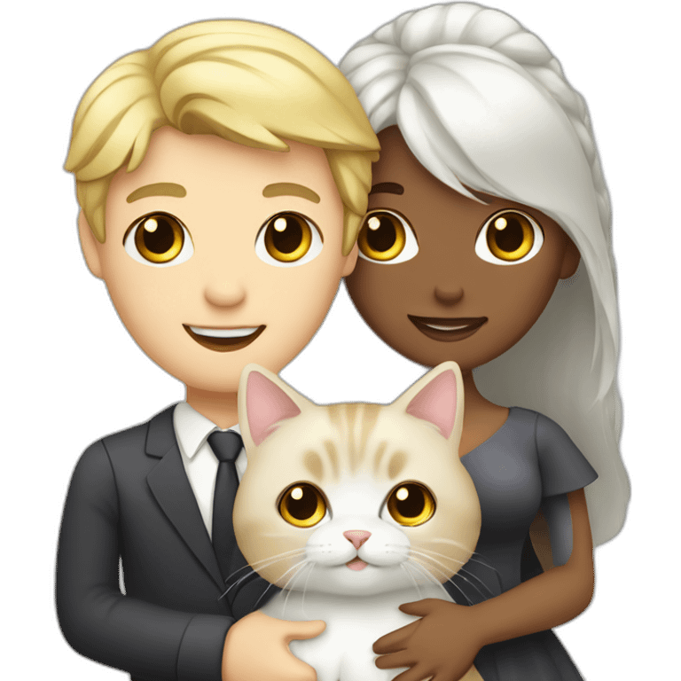 blond man, black hair white skin woman, marriage and holding gray cat emoji