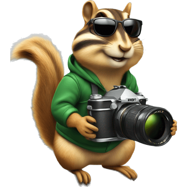 Chipmunk on top of a mountain with a camera in one hand and sunglasses on the head emoji