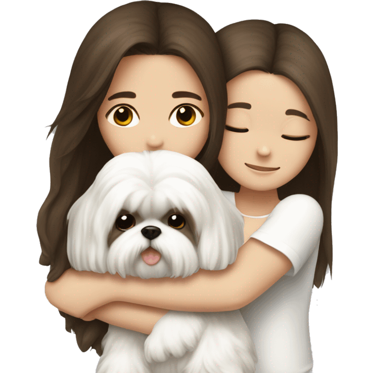 Brunette girl long hair, hugging her white Shih tzu emoji