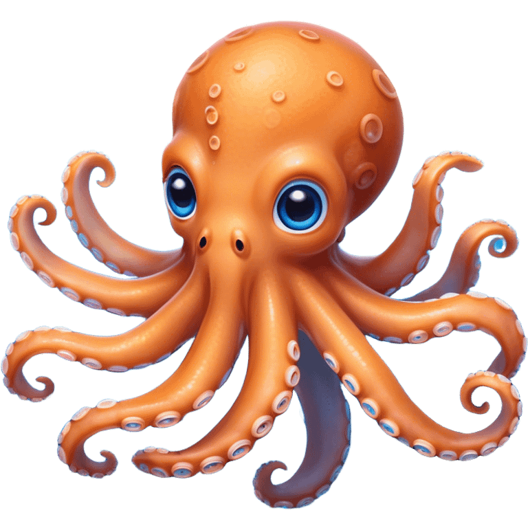 Cinematic Cute Octopus Portrait Emoji, Head tilted playfully and inquisitively, featuring a rounded, light orange body embellished with playful blue rings, eight adorably curling arms, and big, twinkling eyes full of wonder, Simplified yet irresistibly adorable features, highly detailed, glowing with a warm, inviting underwater glow, high shine, affectionate and lively, stylized with a touch of whimsical cartoon charm, soft glowing outline, capturing the essence of a mischievous yet loving octopus that seems as if it could bob out of the screen into your arms! emoji