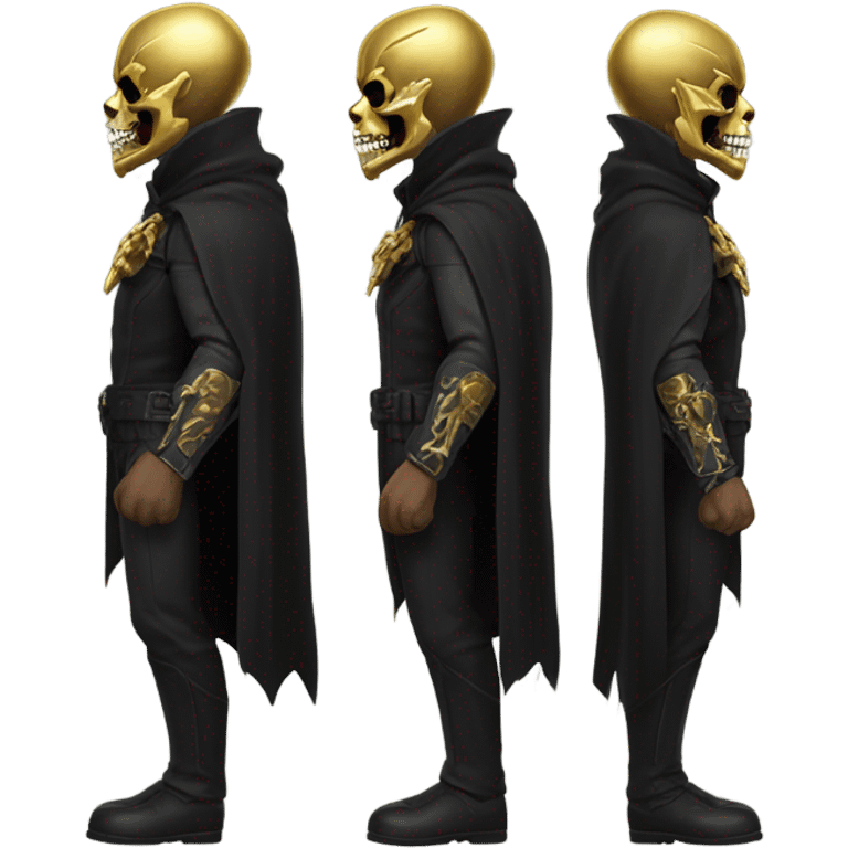 Bounty Hunter Boss with black cape and a gold skull jaw mask from death Stranding, full body view emoji