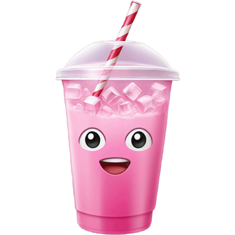 Realistic plastic cup and lid with Transluscent pink soda and large ice cubes inside and straw through the top of the lid. emoji